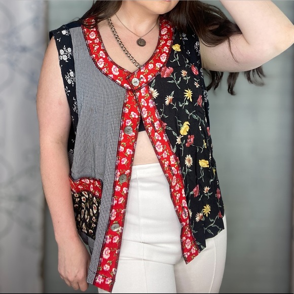 Vintage Jackets & Blazers - Vintage ‘Art-to-Wear’ Fern Bratten Multicolor Eclectic Pattern Vest Size 18/XL